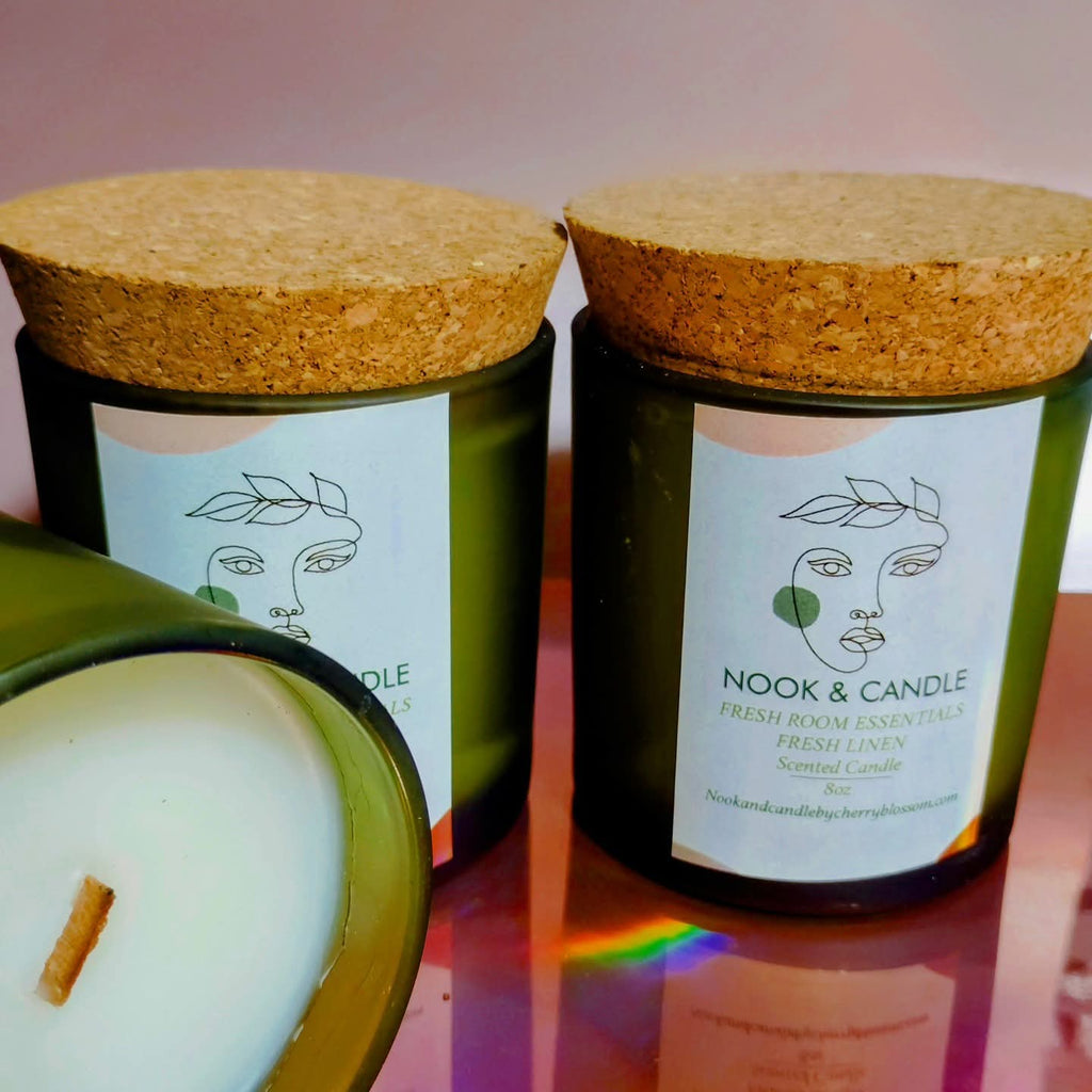 Fresh Linen wooden wick scented candle 8oz jar cork lid