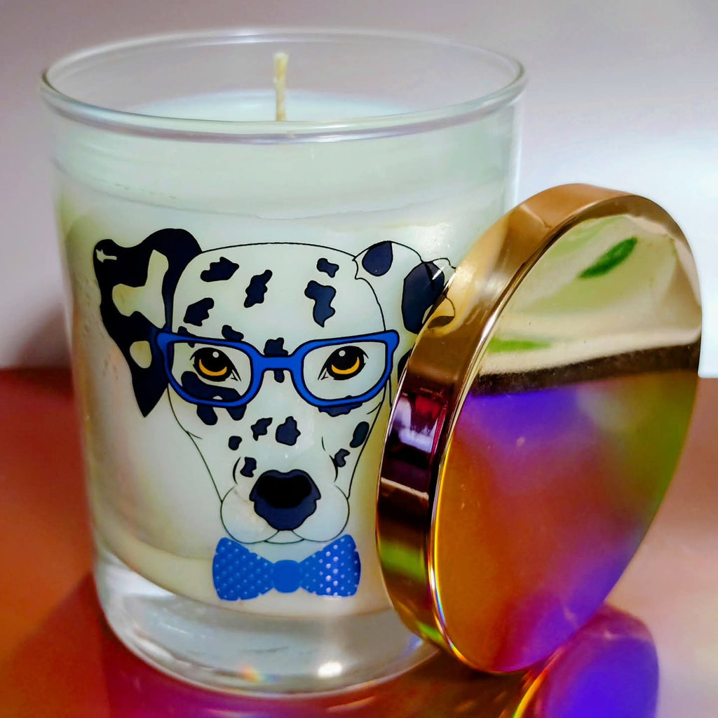 Blue Dalmatian with Glasses and bow tie, scented candle 10oz glass jar with rose gold lid