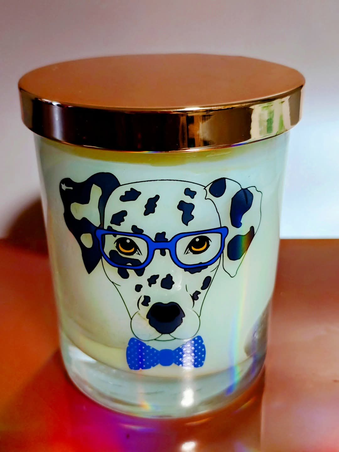 Blue Dalmatian with Glasses and bow tie, scented candle 10oz glass jar with rose gold lid